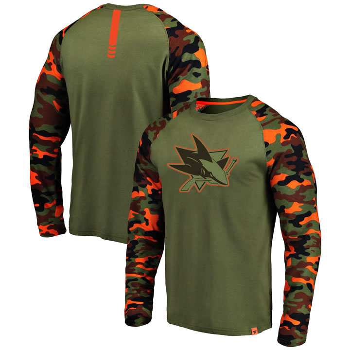 San Jose Sharks Fanatics Branded OliveCamo Recon Long Sleeve Raglan T-Shirt