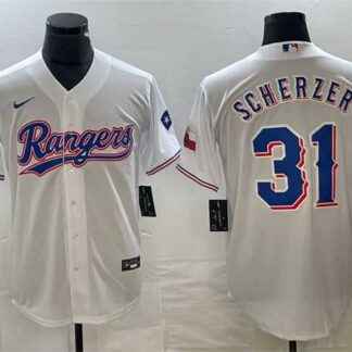 Men's Texas Rangers #31 Max Scherzer White With Patch Cool Base Stitched Baseball Jersey