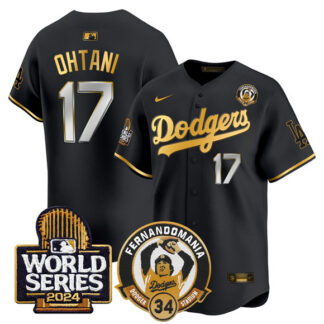 Men's Los Angeles Dodgers #17 Shohei Ohtani Black Gold Fernando Valenzuela & 2024 World Series Patch Limited Stitch...