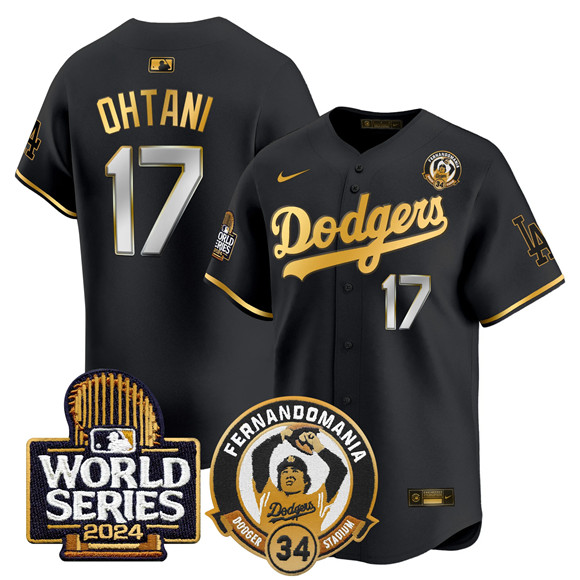 Men's Los Angeles Dodgers #17 Shohei Ohtani Black Gold Fernando Valenzuela & 2024 World Series Patch Limited Stitch...