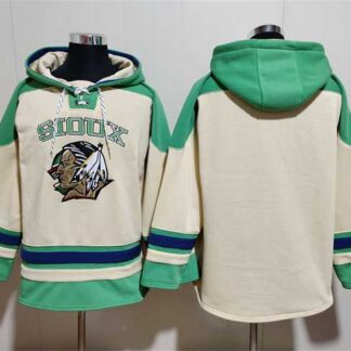 Men's North Dakota Fighting Hawks Blank Cream Green Lace-Up Pullover Hoodie