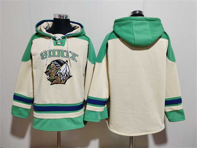 Men's North Dakota Fighting Hawks Blank Cream Green Lace-Up Pullover Hoodie